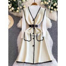 批发法式气质三粒扣翻领泡泡袖连衣裙女秋冬条纹镂空针织荷叶边中长裙