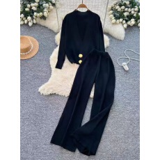 批发慵懒<b class='q'>通勤</b>风针织V领开衫阔腿裤两件套女秋季高级感显瘦百搭套装