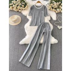 批发休闲风套装女春夏百搭宽松条纹刺绣圆领T恤上衣阔腿裤两件套<b class='q'>通勤</b>