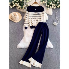 批发休闲套装女2025秋冬韩系百搭宽松条纹针织外套休闲阔腿裤套装<b class='q'>通勤</b>