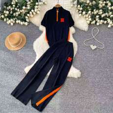 批发休闲运动<b class='q'>套装</b>女2026春夏季字母H拉链短袖针织上衣阔腿<b class='q'>裤</b><b class='q'>两件套</b>