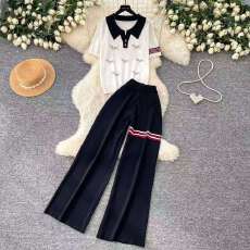 批发慵懒风针织可爱小狗<b class='q'>套装</b>女夏季翻领上衣高腰阔腿<b class='q'>裤</b><b class='q'>两件套</b>松弛感