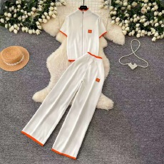 批发休闲慵懒风撞色针织<b class='q'>套装</b>女夏季拉链立领上衣高腰阔腿<b class='q'>裤</b><b class='q'>两件套</b>