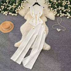 批发小香风针织v领两件套女夏季修身背心金属扣高腰阔腿裤高级感