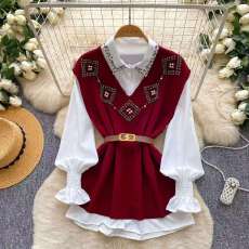 批发新款秋季长袖白色衬衫毛衣套装活泼减龄宽松针织马甲<b class='q'>背心</b>两件套女