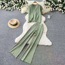 批发韩国chic夏装复古撞色翻领无袖针织上衣+高腰显瘦阔腿长裤两件套