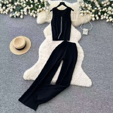 批发2025夏季新款条纹设计感气质无袖上衣+高腰显瘦阔腿裤两件套