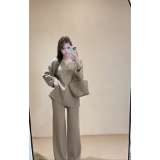 批发2025秋冬毛衣长裤套装女U领慵懒风宽松针织两件套针织阔腿裤