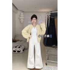 批发韩系穿搭米色粗针拉链绞花毛衣开衫+ 垂感宽松直筒阔腿裤子套装女