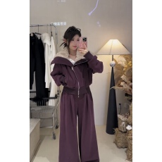 批发2025<b class='q'>秋</b>冬季慵懒松弛感大毛领长袖开衫加绒卫衣上衣阔腿卫裤两件套