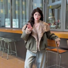 批发复古毛毛大翻领牛角扣夹棉派克服女2025冬季宽松加厚保暖短款<b class='q'>外套</b>