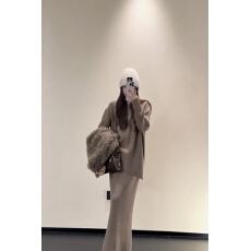 批发简约慵懒风休闲套装冬季新款韩版宽松加厚华夫格上衣半身裙<b class='q'>两件套</b>