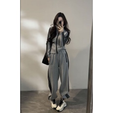 批发韩系一整套深<b class='q'>冬</b>穿搭减龄侧条纹加绒卫衣裤子休闲运动服两件套装女