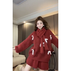 批发2025冬季加厚韩系高级感慵懒毛衣+针织短裙+配围巾三件套<b class='q'>套装</b>女