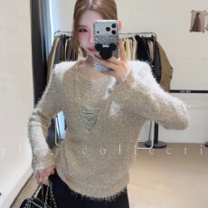 法式V领重工亮闪拼接套头打底毛衣女秋冬季内搭可外穿针织衫上衣