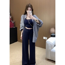 批发慵懒风松弛感套装女春季时髦复古条纹衬衫内搭小吊带阔腿裤三件套