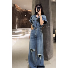 批发美式复古毛边短袖<b class='q'>连体裤</b>女装夏季设计感破洞收腰<b class='q'>牛仔</b>连衣裤拖地裤