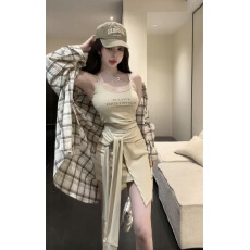 韩版时尚套装裙格子防晒衬衫外套+吊带背心+收腰绑带短裙半身裙女