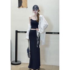 批发吊带背心高腰半身裙套装女夏季防晒衬衫短款美背绑带长裙三件套