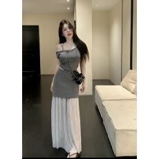 批发ADD套装2026夏季<b class='q'>新款</b>纯欲显瘦斜肩设计感短袖T恤+高腰<b class='q'>半身裙</b>长裙