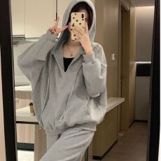 批发灰色V领卫衣套装女春秋款韩版宽松时尚洋气减龄休闲<b class='q'>运动服</b>两件套