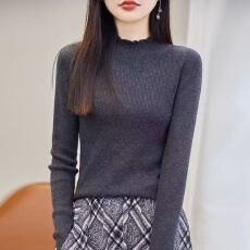 批发春秋新款木耳边半高领打底衫女上衣轻熟法式小众毛衫短款毛衣内搭