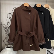 批发韩系系带立领短款风衣女秋季2025新款高级感气质大衣今年流行外套