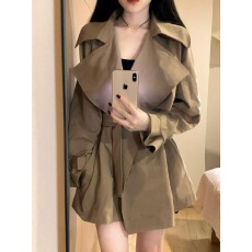 批发英伦风咖色大翻领系带风衣外套女2025秋气质高级感中长款休闲上衣