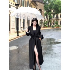批发高级感黑色气质风衣外套女秋季新款御姐显瘦收腰长款休闲过膝大衣