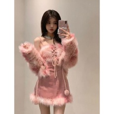 批发粉色圣诞少女甜辣爱心套装女显瘦外套<b class='q'>吊带</b><b class='q'>连衣裙</b>毛绒绒两件套秋冬
