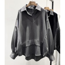 批发韩版新款拼接假两件<b class='q'>衬衫女</b>2025春秋宽松长袖衬衣外套灯笼袖上衣潮