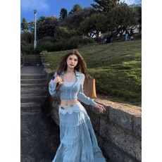 批发巨好看的春装一整套<b class='q'>名媛</b>气质轻奢高级感富家千金小香风蓝色<b class='q'>套装</b>裙