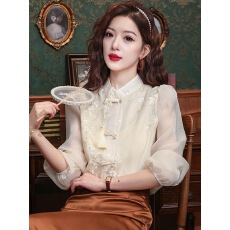 批发新中式国风雪纺衬衫女春装2026新款别致漂亮提花盘扣流苏长袖上衣