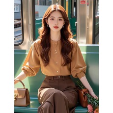 批发今年流行爆款圆领上衣女2024<b class='q'>秋装</b>新款通勤浅咖色冷淡风长袖衬衫