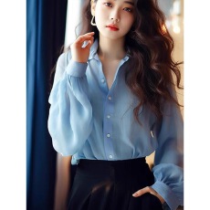 批发2026新款设计感港风蓝色雪纺长袖衬衫女装春秋季小众别致气质衬衣