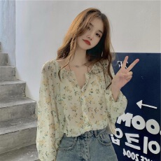 批发法式雪纺碎花衬衫女夏薄款长袖防晒空调衫上衣宽松减龄泡泡袖衬衣