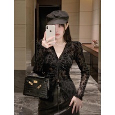 批发烫金植绒衬衫女秋设计感小众纯欲辣妹v领上衣蕾丝打底衫网纱内搭