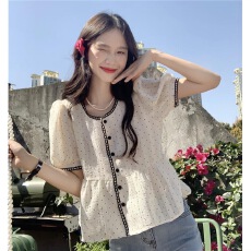 批发夏季甜美别致设计感上衣<b class='q'>t</b><b class='q'>恤</b>女大码遮肚子宽松波点小香风短袖<b class='q'>衬衫</b>
