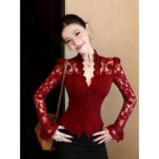 批发红色蕾丝打底衫2026新款冬气质轻奢高端超好看绝美本命年法式衬衫