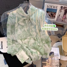 批发法式绿色印花系带雪纺衬衫女2026早春新款复古高级感小众长袖衬衣