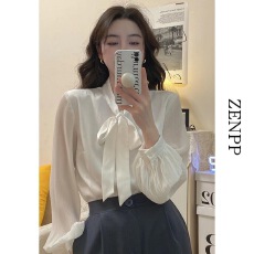批发法式泡泡袖蝴蝶结衬衫女秋季新款长袖<b class='q'>宽松</b>内搭白色衬衣设计感上衣