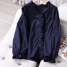 批发法式荷叶边v领纯棉<b class='q'>长袖</b><b class='q'>衬衫</b>女春季独特漂亮慵懒风独特新款小衫ins