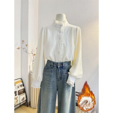 批发木耳花边立领<b class='q'>长袖</b><b class='q'>衬衫</b>女加绒加厚秋冬法式洋气内搭打底小衫上衣杏