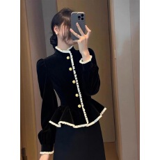 批发黑色撞色丝绒上衣2026<b class='q'>冬</b>季新款设计感绝美巨好看气质修身打底上衣