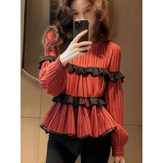 批发今年流行爆款上衣独特超好看法式甜美<b class='q'>轻熟</b>红色木耳边拼接娃娃衫春