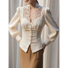 批发高端小资小上衣巨好看高级感气质御姐掐腰蕾丝拼接白色丝绒衬衫<b class='q'>冬</b>