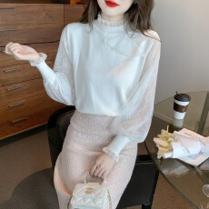 批发2026春季<b class='q'>新款</b>修身拼接雪纺袖针织衫打底衫上衣