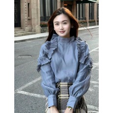 批发设计感超好看蓝色立领花边蝴蝶结系带<b class='q'>雪纺</b>衬衫2026春秋新款上衣潮