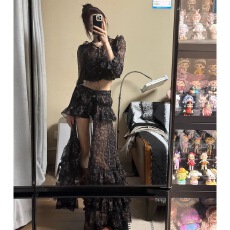 批发法式碎花<b class='q'>长袖</b><b class='q'>雪纺</b>衬衫上衣女春季时尚套装开叉蛋糕裙半身裙两件套