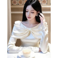 批发法式轻奢蝴蝶结一字肩长袖衬衫女春季白色缎面气质名媛高级感上衣